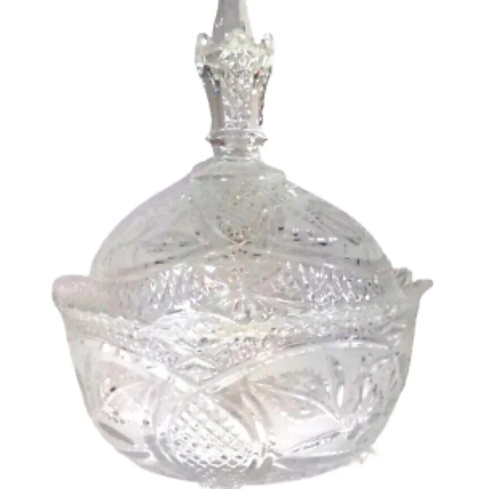 Vintage Cut Glass Bowl w/ Lid Footed Floral Design Sawtooth Rim Elegant EUC